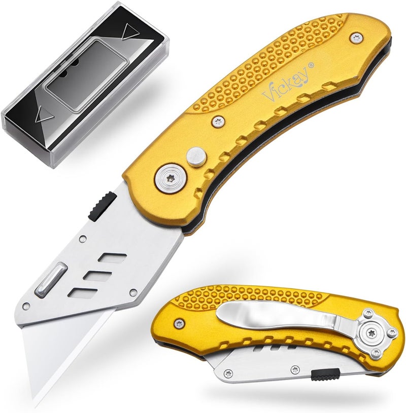 Vickay Folding Utility Knife Box Cutter Utility Blades Heavy Duty with 5 SK5 Quick Change Blades, Safety Axis Lock Design Razor Knife, Lightweight Aluminum Body Belt Clip for Office (yellow) - Image 1